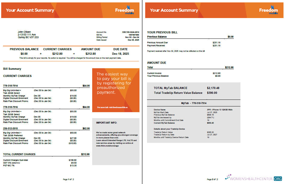 download Canada Freedom Mobile utility bill template in Word and PDF formats, 2 pages PDF template